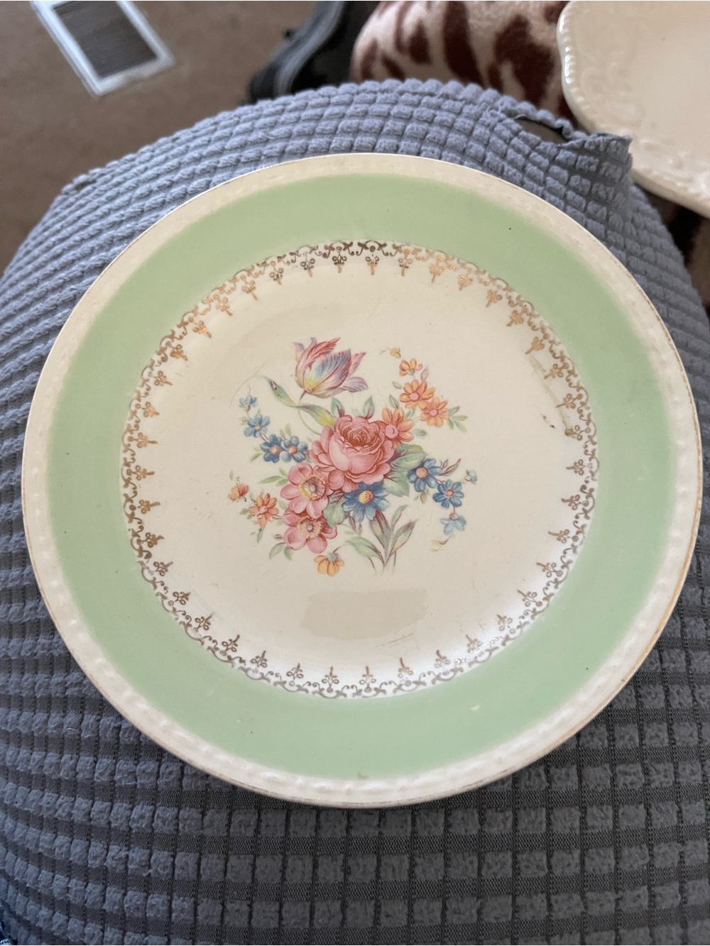 Homer Laughin Mint Green Floral saucer with Gold Filigree